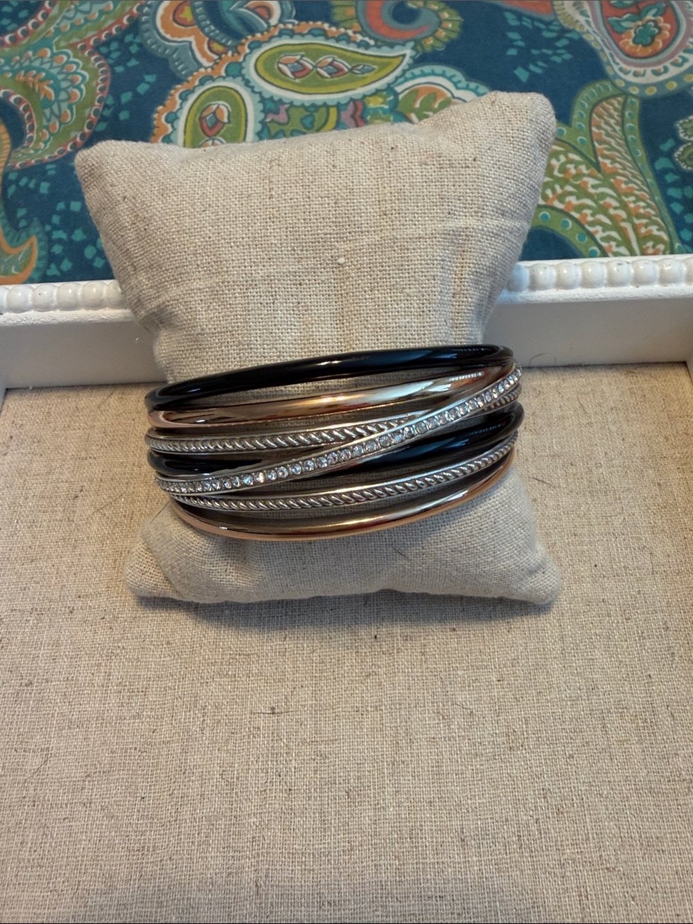 Stacked Multi-Bangle Bracelet with Black, Silver & Rose Gold Tones